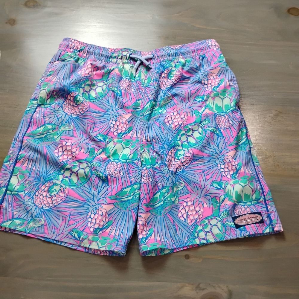 Vineyard Vines Swim Trunks Boys XL (18) Colorful Turtles Fully Lined Whale Logo